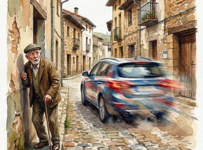 señor mayor en un pueblo casi atropellado por un conductor temerario